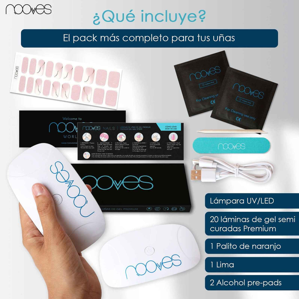 Pack Lámina de uñas de gel Premium precurado Nooves Diseños Art Design + Lámpara uñas UV/LED PORTÁTIL 8w