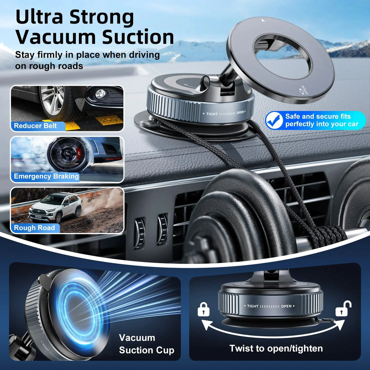 360° Magnetic Car Phone Mount | Vacuum Suction and Adjustable Rotation