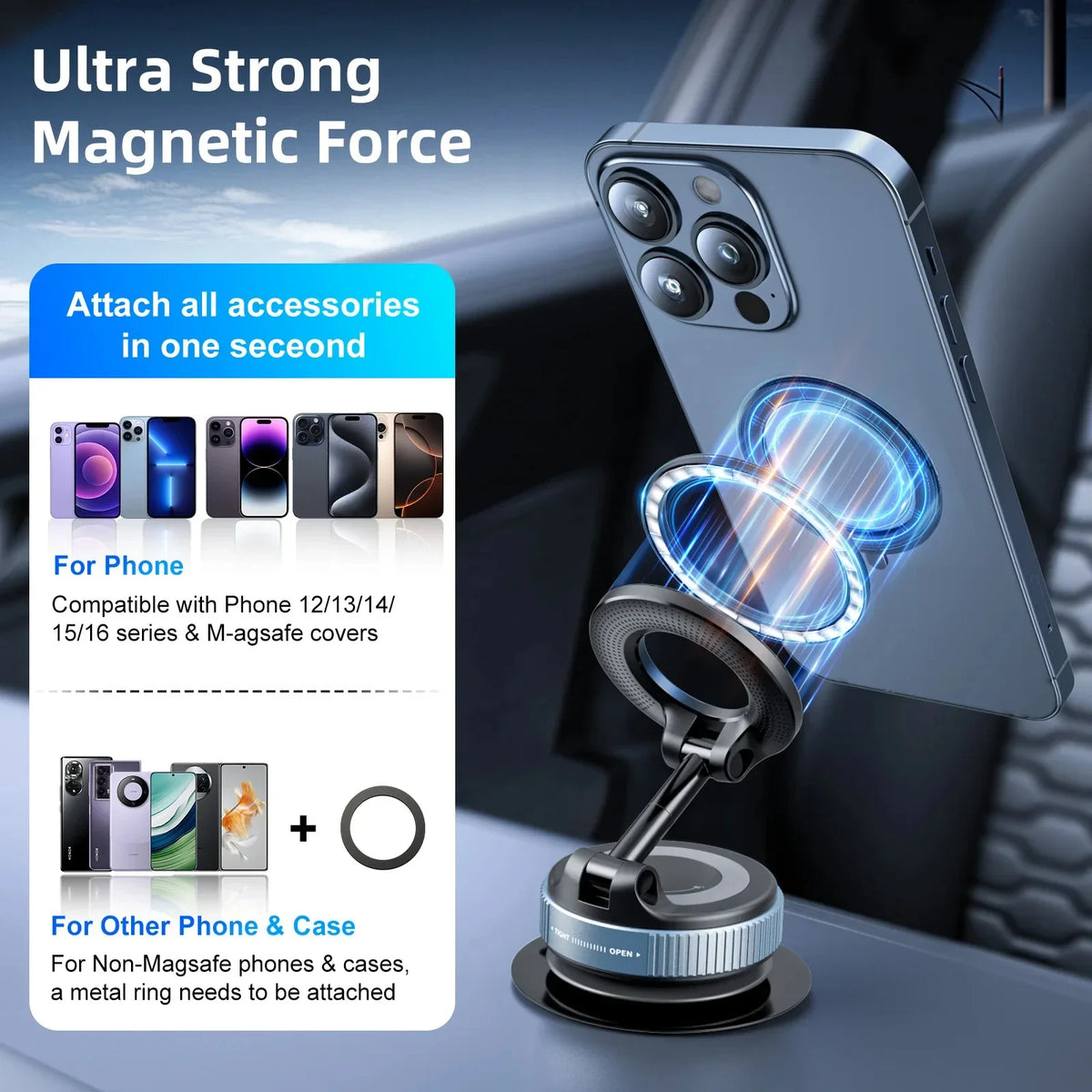 360° Magnetic Car Phone Mount | Vacuum Suction and Adjustable Rotation